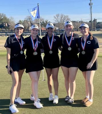 The Canton Eaglettes’ varsity girls’ golf team finished in second place Feb. 13 in the Bullard Invitational played at Emerald Bay Country Club. Team members are left to right, Casey White, Taryn Clayton, Bella Irwin, Jessica Lea, and Jayme Robertson. Clayton finished fifth overall individually. Courtesy photo
