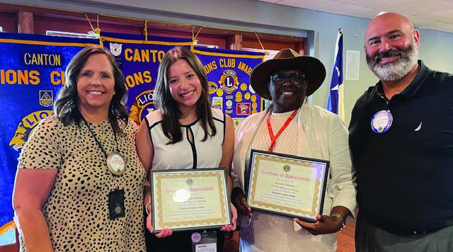 Angelique Ramos, second from left, and Tracey Turner, second from right, received ‘Certificates of Appreciation’ following their program April 24 during the weekly Canton Lions Club Luncheon at the Van Zandt Country Club. Presenting the certifi cates were Canton Lions Club President Jesse Carranza and Canton Lions Club Member Teri Pruitt. Courtesy photo