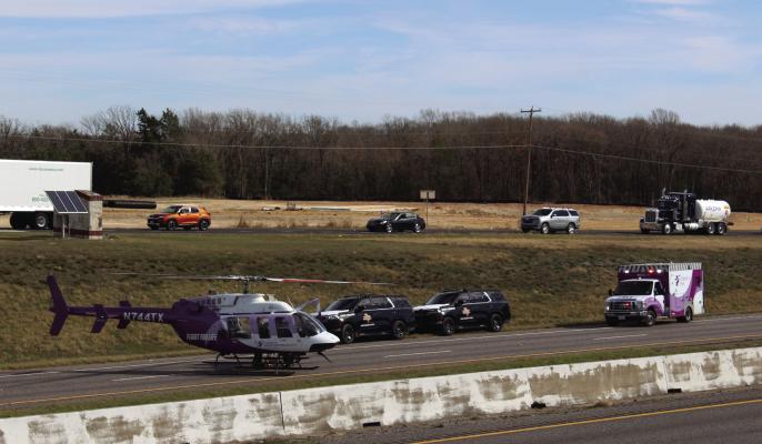 On January 12, the westbound lane of I-20 was closed for hours, causing significant traffic delays, as three individuals were transported by ambulance and two were airlifted to Tyler following a one-vehicle accident between Hwy 19 and FM Road 17. Photo by Susan Harris