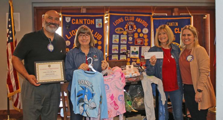 Representatives from The ABC (A Better Childhood) Room in Van Zandt County were the guest speakers Jan. 31 during the weekly Canton Lions Club Luncheon. Lace Deibert, far right, of the Canton Lions Club and Canton Lions Club President Jesse Carranza, far left, introduced Sharon Stehsel, second from right, and Janette Kay from the VZC ABC Room. Photo by Susan Harris