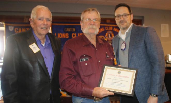 New Van Zandt County Agricultural Agent Leon Watson, middle, was given a ‘Certificate of Appreciation’ by the Canton Lions Club following his presentation at the club’s weekly luncheon Jan. 8 at Van Zandt Country Club. Standing with Watson were Canton Lions Club Member Jimmy Strickland, left, and Canton Lions Club President Jonathan Helvey. Photo by Susan Harris