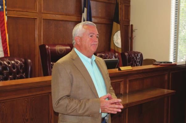 Van Zandt County Interim Sheriff Joe Carter spoke to a group of friends and supporters May 22 at the VZC Courthouse at the conclusion of his public swearing-in ceremony. At the beginning of the ceremony, several friends and supporters shared their support for Carter. Photo by David Barber