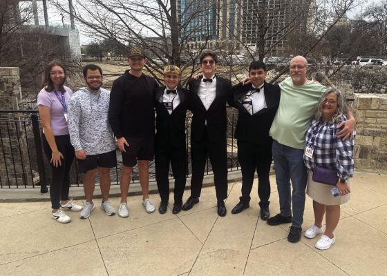 Three Canton High School senior musicians have advanced to participate in the Texas All-State Band. Shown were left to right, CHS Band Directors Megan Sutton, Duncan Coleman, and Kyle Bennett; first year All-State Band member Brayden McClintock; three year All-State Members and ATSSB Scholarship recipient Dean Kuhl; two-year All-State member Joel Delgado; CHS Head Band Director Mike Bartley, and Jenny Bartley. Not pictured is band director Nick Alberts. Courtesy photo