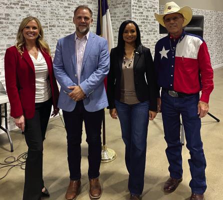 The Republican Club of Van Zandt County held its monthly meeting July 22 featuring guest panelists recognized by Republican Club of VZC President Doc Collins, far right. The guest panelists were left to right, Shelley Luther, Brent Money, and Katrina Pierson. Courtesy photo