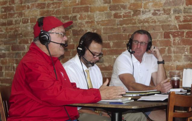 ‘The Huddle Show,’ a weekly program about Van Zandt County football teams, airs every Tuesday from 6-7 p.m. on Canton radio station KWJB (95.1 FM) ‘The Bee.’ The co-hosts of the show are from left to right, Van Zandt Newspapers Sports Correspondent David Barber (‘The Godfather’); Joel Elliott (‘The Counselor’); and T.A. Hale (‘Teezy’) from the KWJB ‘Buzz Brothers.’ Photo by Susan Harris
