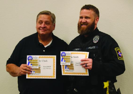 Two City of Canton employees were recently recognized by Readers’ Choice in the Canton Herald during the regular monthly meeting of the Canton City Council Feb. 18. Canton City Manager Lonny Cluck, left, was named ‘Best City Worker’ in Van Zandt County and Jake Smith was selected as ‘Best Police Offi cer’ in VZC.