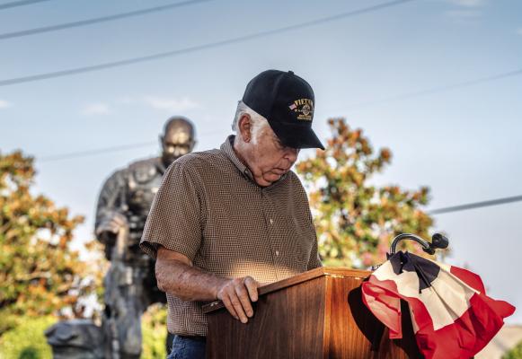 Larry Dawson led in prayer during the ceremony honoring the United States Air Force for 78 years of service Sept. 19 at the Van Zandt County Veterans Memorial in Canton. All of the speakers participating in the ceremony were members of the VFW Post 12219 in Canton. Photo by Faith Caughron