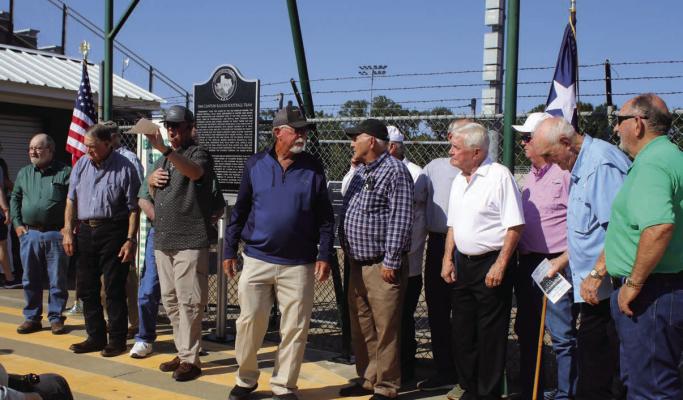 The 1964 Canton High School football team was honored with a Texas Historical Marker Sept. 13 during a dedication ceremony at Norris Birdwell Stadium. Members of the team served as honorary captains later that evening at the Canton Eagles varsity football game and were individually recognized at halftime. Photos by Susan Harris