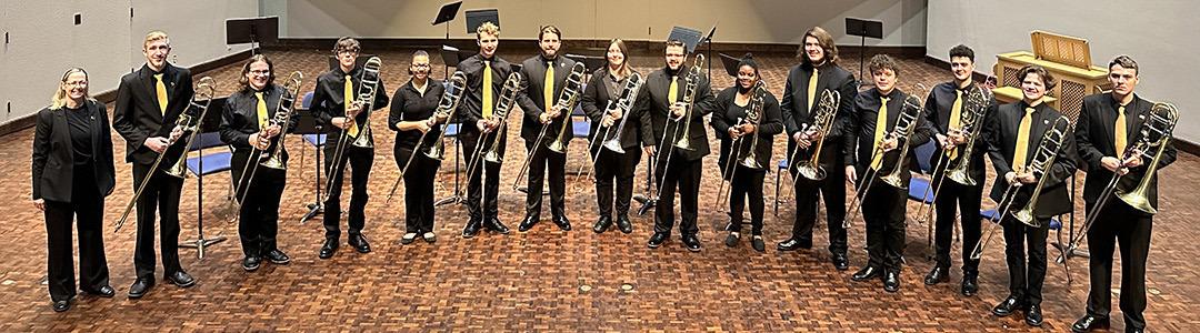 TJC Trombone Choir members, from left: Heather Mensch, director and TJC music department chair; Caleb Haffner, West Rusk; David Landrum, Canton; Hilton Bounds, Longview; Caitlynn Vanzandt, West Rusk; Mitchell Shulka, Fort Worth; Aaron Roden, Lindale; Taylor See, Gladewater; David Nichols, Whitehouse; Kandyce Richardson, Fort Worth; Tanner Sparrow, Kaufman; T.J. Eaves, Lindale; Isaac Sanders, Bullard; Brody Bradshaw, Bullard; and Christian Butler, Bullard. Courtesy photo