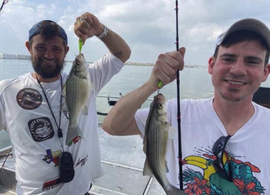 Not all white bass are spawning in creeks and rivers. Luke caught these out on the main lake with guide Brandon Sargent (Lead Slingers Guide Service) and Luke’s son, Drew. Photo by Luke Clayton