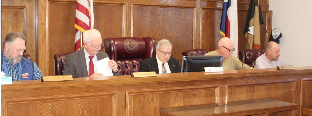 The first regular meeting of the Van Zandt County Commissioners Court for 2023 featured two new faces Jan. 4 as newly elected VZC Judge Andy Reese (middle) and VZC Pct. 4 Commissioner Brandon Barton (far right) were in attendance. Reese and Barton were sworn into office Jan. 1. Joining Reese and Barton at the Jan. 4 meeting were left to right, VZC Pct. 1 Commissioner Chad LaPrade, VZC Pct. 2 Commissioner Virgil Melton Jr., and VZC Pct. 3 Commissioner Keith Pearson. Photo by David Barber