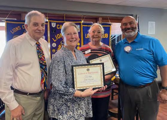 A ‘Certificate of Appreciation’ was presented to Vickie Ragle and Kathy Stonaker as they were the guest speakers May 1 during the weekly Canton Lions Club Luncheon at the Van Zandt Country Club. Recognizing the guest speakers were Canton Lions Club President Jesse Carranza, far right, and Canton Lions Club Member and Van Zandt County Judge Andy Reese. Courtesy photo