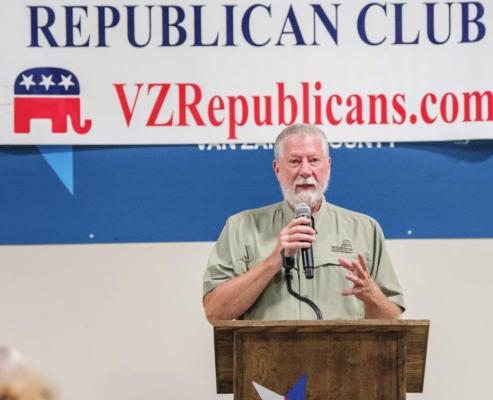 Lance Lenz, Van Zandt County Republican Chair, addresses attendees during a meeting to decide which candidates would be put on the November ballot. Photo by Faith Caughron
