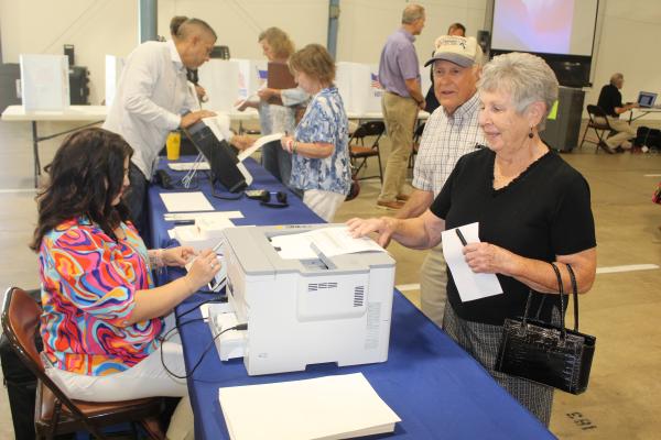 Donna Rakestraw of Canton was among around 100 registered voters in Van Zandt County that participated in the voting process June 22 at the VZC Public Election Equipment Demonstration at the Canton Civic Center. Two companies sent representatives and equipment to the demonstration as VZC continues the process of evaluating new election/voting equipment. Photo by David Barber
