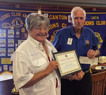 Lions Club Past District Governor Nancy Van Alstine from the Texas Lions Museum and Office Foundation Inc. was the guest speaker at the weekly Canton Lions Club Luncheon Aug. 23 at the Van Zandt Country Club. Introducing the guest speaker was Lion Past District Governor and Canton Lions Club Past President Jimmy Strickland. Courtesy photo