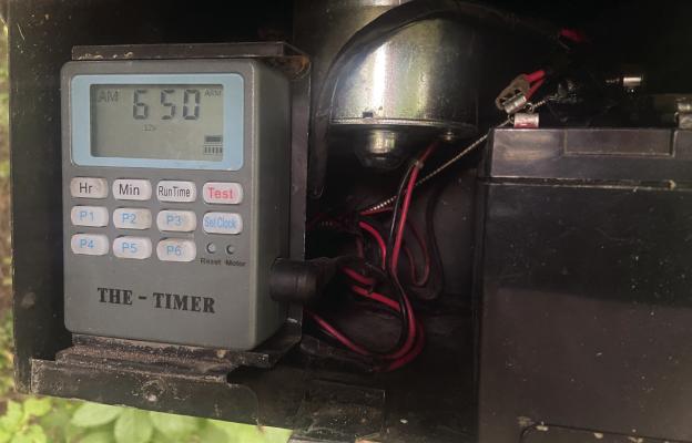 A quality timer is a must on any game feeder. With the invention of ‘The Timer’ pictured here, the guesswork of ‘when’ a feeder throws corn was solved. Photo by Luke Clayton