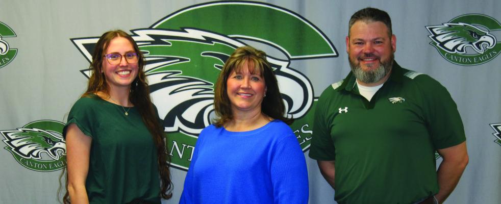 The Canton School Board recognized the Canton ISD ‘Employees of the Month’ for February. Recognized were Kaylle Corey, intermediate school; Amy Lockaby, junior high school; and Joe West, high school. Not pictured is Lorrie Erwin, elementary school. Photo by Susan Harris