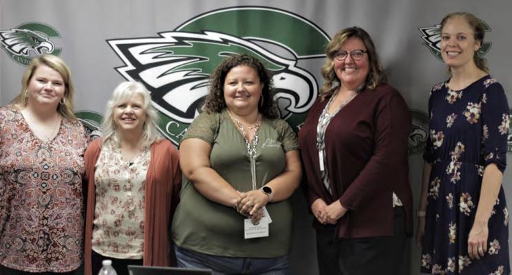 Five staff members, Kassie Todd, Susie Dorman, Kristen Fitzgerald, Kristi Carter, and Jilian Brown, were honored during the Teacher of the Month ceremony at the September Board of Trustees meeting. Photo by Ethan Adams