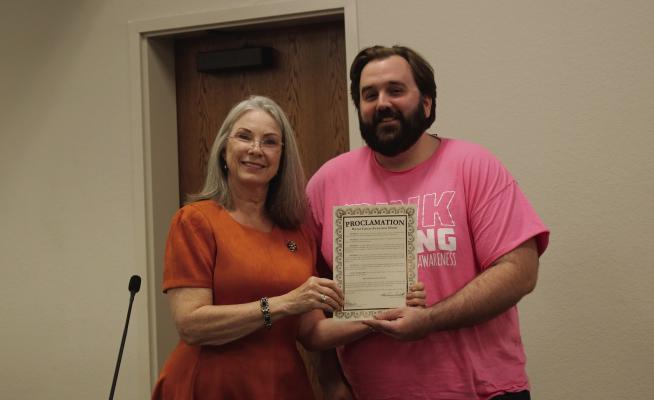 Canton Mayor Lou Ann Everett and Joseph Byron from UT-Health announced a proclamation had been signed recognizing the month of October as Breast Cancer Awareness Month. The proclamation was presented during the regular monthly meeting of the Canton City Council Oct. 15 at Canton City Hall. Photo by Susan Harris