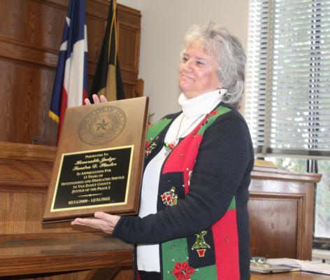 Retiring Van Zandt County Pct. 2 Justice of the Peace Sandra Plaster was recognized for her 13 years of service to VZC during the regular meeting of the VZC Commissioners Court Dec. 21. Plaster will leave office on Dec. 31 before new VZC Pct. 2 JP Don Ashlock is sworn into office on Jan. 1. Photo by David Barber