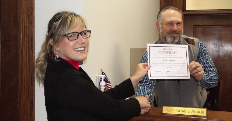 Van Zandt County Pct. 1 Commissioner Chad LaPrade was presented a certificate Jan. 3 recognizing him for his recent participation in the VZC Commissioners Court Leadership Academy Class, Session 2. Photo by David Barber