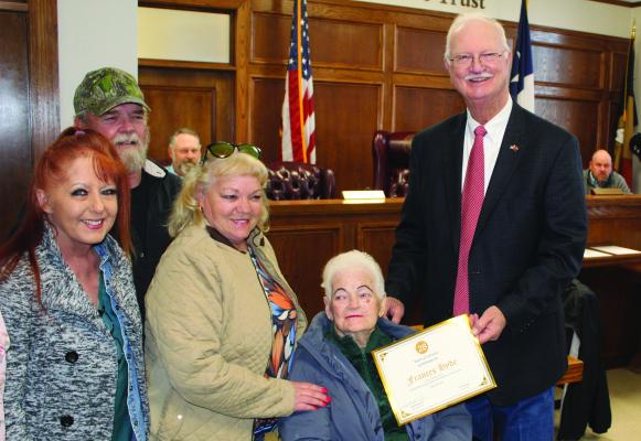 Frances Hyde was recognized during the March 27 regular meeting of the Van Zandt County Commissioners Court for her 28 years of service as a part-time VZC Pct. 2 Transfer Station employee. Story on 5A. Photo by David Barber