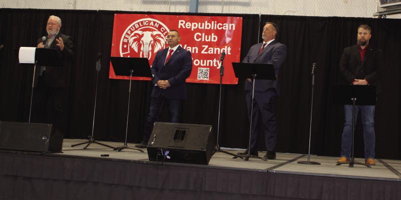 Among the races featured during the Jan. 17 Republican Club of Van Zandt County (RCVZC) Candidate Debate Forum at the Canton Civic Center was the seat for VZC Pct. 2 Commissioner. There were four candidates in the debate on the Republican side including left to right, Cliff Williams (incumbent), James Warrington, David Marshall, and James Cooley. Photo by David Barber