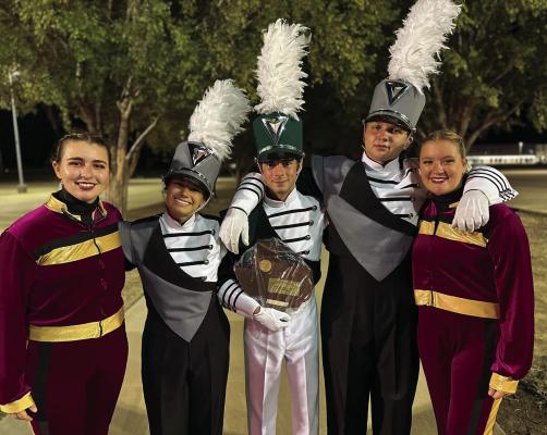 Canton High School Mighty Band Guard Captain Cheyenne Tunnel, Drum Major Katelyn Hawes, Drum line Captain Weston Sudduth, Drum Major Jacob Lang and Color Guard Captain Abbey Thelen received an overall ‘Superior’ rating at the Region level on Oct. 17 in Mesquite. The band is making a trip to the UIL State Marching Contest in San Antonio for the 16th time on Wednesday, Nov. 1. Additional photos on 2A and story on 5A. Photo by Amanda Durgin