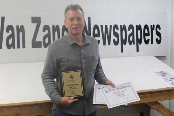 Van Zandt Newspapers L.L.C. Graphic Designer Tim Ball was recognized for his accomplishments in advertising as he received recognition recently from the North and East Texas Press Association (NETPA). The Canton Herald, Van Zandt News, and The Terrell Tribune, all published by Van Zandt Newspapers L.L.C., received numerous NETPA awards overall during the 97th annual NETPA convention in Nacogdoches held April 27-29. Photo by David Barber