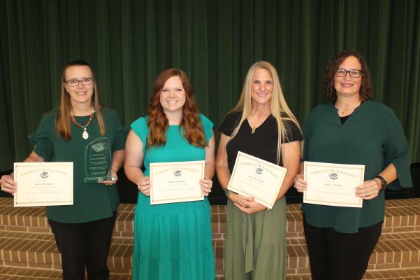 The Canton ISD Campus Teachers of the Year were recognized by the Canton School Board during the board’s regular monthly meeting May 12 at Canton Elementary School. Those recognized included left to right, Karla Burke, junior high school; Halle Haynes, elementary school; Dawn Andrews, intermediate school; and Sarah Mullen, high school. Burke was also named as the Canton ISD Teacher of the Year.