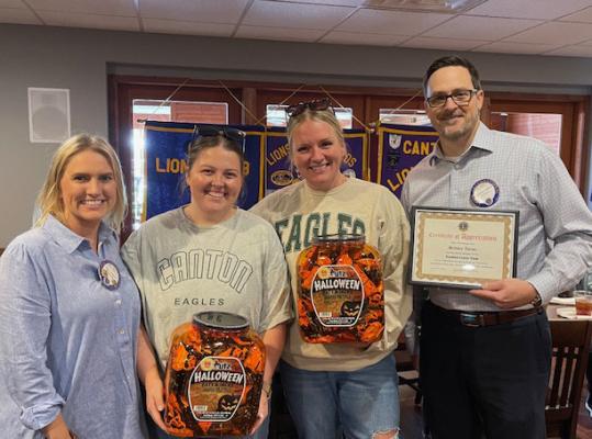 Dakota Benedict, second from left, and Britney Tarno, second from right, were presented ‘Certificates of Appreciation’ following their presentation Sept. 4 during the weekly Canton Lions Club Luncheon held at the Van Zandt Country Club. Presenting the ‘Certificates of Appreciation’ were Lion Past President Lace Deibert, far left, and current Canton Lions Club President Jonathan Helvey. Courtesy photo