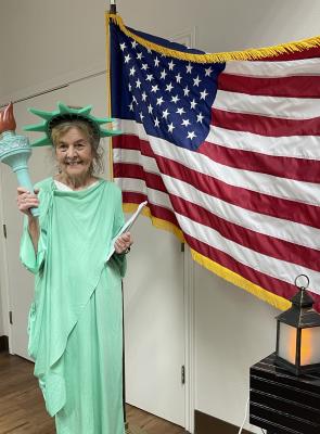 Daughters of the American Revolution (DAR) Neches River Chapter member Pat Thibodeau dressed up as the Statue of Liberty for the July 13 meeting of the organization in Canton. Courtesy photo
