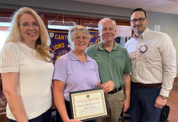 Following their presentation during the Canton Lions Club Luncheon June 5, Kristine and Kevin Tanzillo, the co-founders of Sharon’s Place, were presented a ‘Certificate of Appreciation’ from Canton Lions Club members Tammy Lenamond Tharp and Jonathan Helvey. Courtesy photo