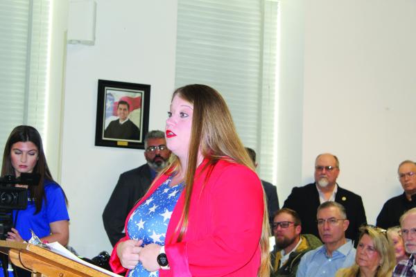 Nancy White, a resident of VZC Pct. 2 and a community activist, shared her thoughts on a Temporary Moratorium of all Green Energy projects in Van Zandt County during a VZC Commissioners Cour public hearing Feb. 11. White voiced her support of the temporary moratorium which was approved unanimously by the commissioners’court. Photo by David Barber