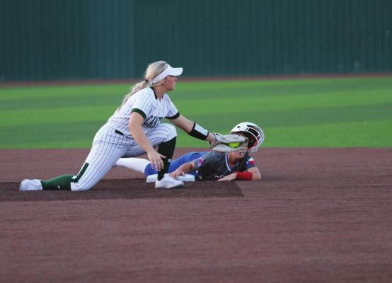 Maddie Wilson applies a tag to a Bullard baserunner during Regional Quarterfinal play in Grand Saline last week. Photo by Lianna Reid