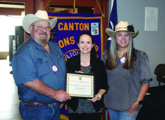 At the conclusion of the March 11 Canton Lions Club Luncheon at Van Zandt Country Club, McKenna Wiggins, middle, the Canton Clinic Manager for the Andrews Center, was presented with a ‘Certificate of Appreciation’ by the club. Presenting the certificate were Canton Lions Club President Sandy Sims, left, and Van Zandt County Youth Diversion Coordinator and Canton Lions Club Member Jennifer Taylor. Photo by David Barber