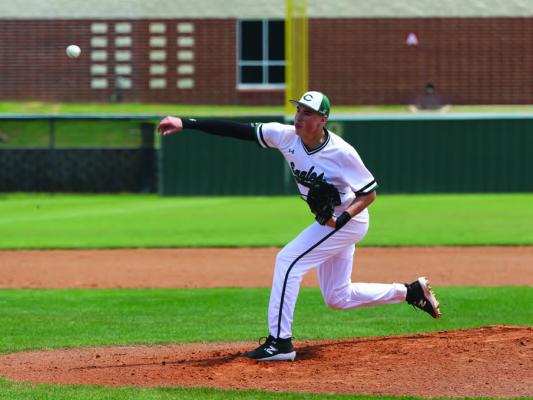 Eagle ace Layne Etheridge notched a key win in game two against the Leopards, allowing only four hits and two earned runs in a complete game effort. Photo by Lianna Reid