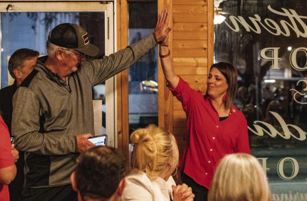 Republican Party candidate Jill Dutton of Van receives congratulations from Kenneth Pruitt in Canton Jan. 30 after the final results were tabulated in the Texas House District 2 special runoff election. Dutton will take office in the coming days to fill out the remaining term that expires December 31, 2024. Photo by Faith Caughron