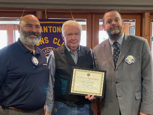Retired East Texas Judge Sam Griffith, middle, was the guest speaker Jan. 24 during the weekly Canton Lions Club Luncheon at the Van Zandt Country Club. Griffith received a ‘Certificate of Appreciation’ from Canton Lions Club President Jesse Carranza, far left. Griffith was introduced by Canton Lions Club member Josh Wintters, far right. Courtesy photo