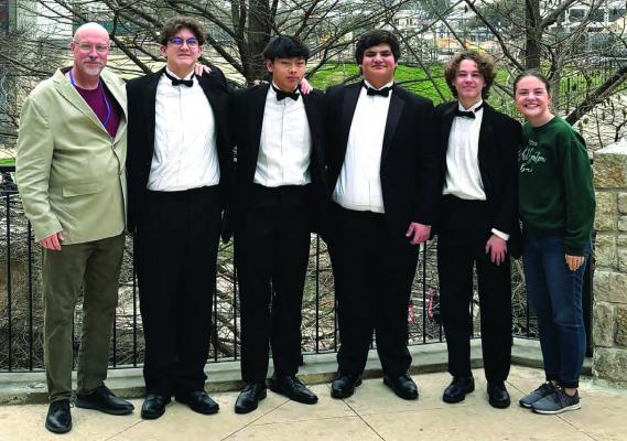 Four Canton High School students recently auditioned and were named to the Symphonic All-State Band in San Antonio. The students and their instructors were left to right, Mike Bartley, CHS Band Director; sophomore Dean Kuhl (#1 ranked Bari sax); senior Bill Nguyen (ranked #22 clarinet); senior Dayton Boggess (ranked #4 French horn); senior Cole Jackson (ranked #12 trumpet); and CHS Assistant Band Director Madison Bennett. Courtesy photo