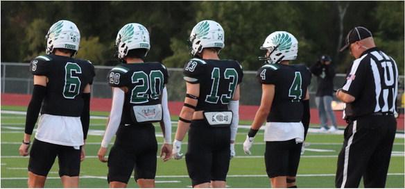 Team captains for the Canton Eagles against Caddo Mills Sept. 8 were left to right, Landon Faglie (6), Collin Campuzano (20), Jesse Hipp (13), and Logan Faglie (4). Photo by Lianna Reid