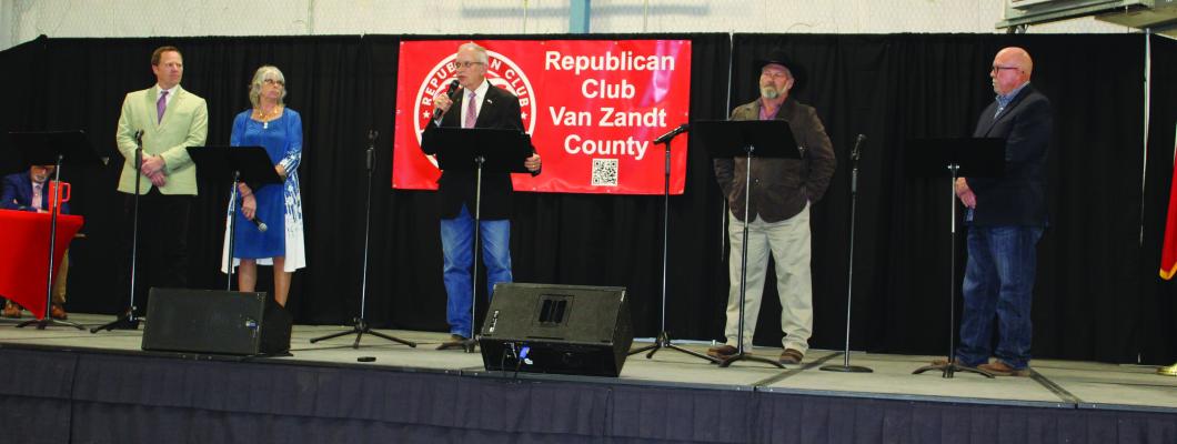 The recent Republican Club of Van Zandt County Debate Forum held at the Canton Civic Center featured the five candidates campaigning for VZC Judge. Participating in the debate were left to right, Jeffrey Whitworth, Karen Reeves, Andy Reese (incumbent), Chad LaPrade, and Don Good. Early Voting for the March 3 Primary Election begins Tuesday, Feb. 17 and concludes Friday, Feb. 27. Photo by David Barber