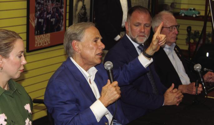 Incumbent Texas Republican Governor Greg Abbott made a campaign stop at Ochoa’s Mexican Restaurant in Canton June 29. The Governor discussed his plan for property tax reform in the state. Among the standing room only crowd were a number of elected officials including Texas District 2 State Senator Bob Hall and Texas District 2 State Representative Brent Money. Photo by David Barber