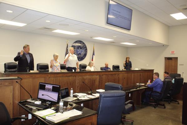 Two new members and two continuing members of the Canton City Council were administered the oath of office May 19 during the council’s regular monthly meeting by Canton City Secretary Bristal Lewis. Sworn into office were standing, left to right, Ed Morzak, Vicki Goodson, Chase Melton, and Robin Hoelting. Photos by David Barber