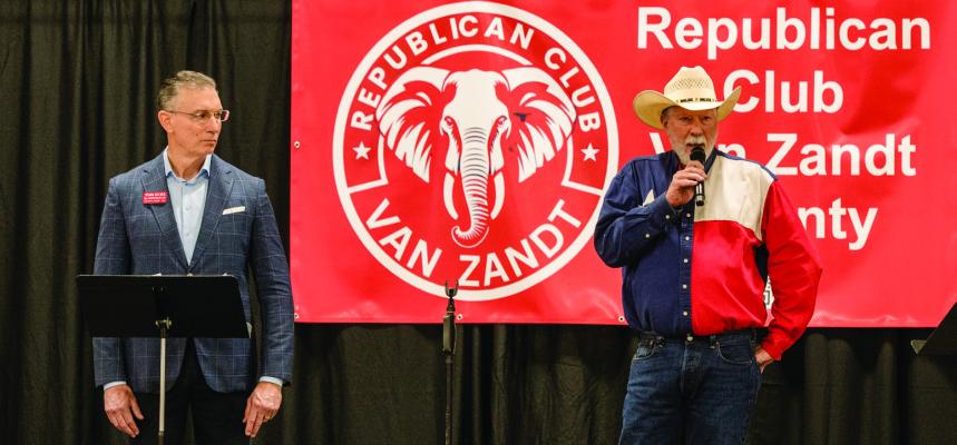 Incumbent Lance Lenz (right) and his opponent, Tom Duke, the candidates in the race for Van Zandt County Republican Party Chair, faced off in a debate during the Republican Candidate Debate Forum Jan. 17 at the Canton Civic Center. Photo by Faith Caughron