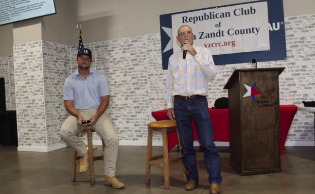 Local developer Mitchell Kaufman (left) was introduced to speak May 27 during the regular monthly meeting of the Republican Club of Van Zandt County by RCVZC President Doc Collins. The meeting was held at the VZC Farm Bureau Event Center in Canton. The meeting was moved from its normal fourth Monday of the month meeting date due to the Memorial Day holiday. Photos by Susan Harris