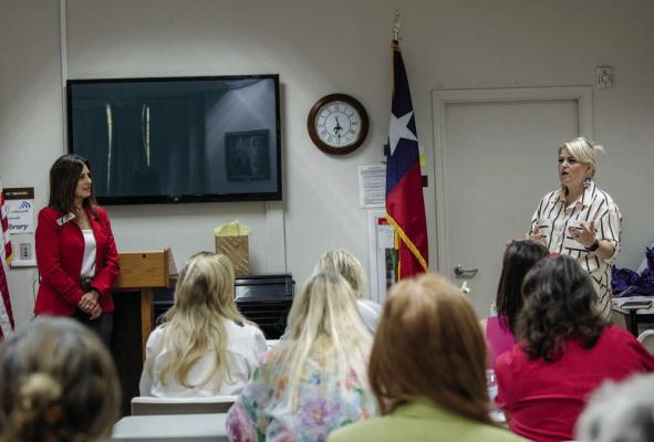 Republican Women of Van Zandt County President Amanda Gray, top right, welcomed those in attendance for the organization’s regular monthly meeting at the VZC/Sarah Norman Library April 14 in Canton. Kristi Antonick, the Director of Americans for Prosperity, was the guest speaker. Photo by Susan Harris