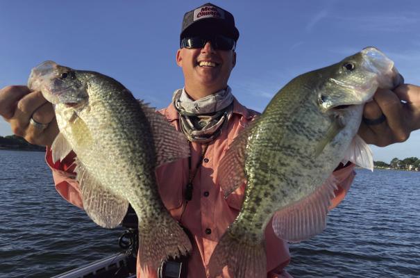 Cedar Creek Lake Guide Chris Webb with two of many crappie landed this past week. Crappie are on a very dependable summer bite holding tight to submerged structure, but the bite is soft and proper technique is key to getting the hook set. Photo by Luke Clayton