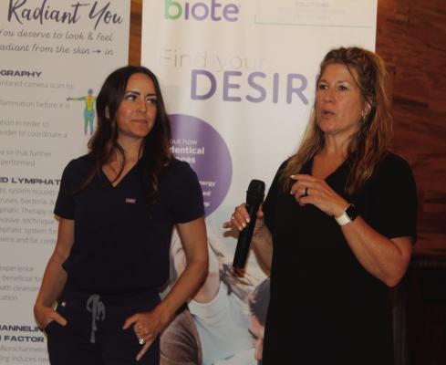 Debbie VanDerWilt (left) and Sarah Chitty with Pure Radiant You of Canton discussed their products and services during the Canton Texas Chamber of Commerce Quarterly Luncheon held Aug. 1 at Silver Spur Resort. Photo by David Barber