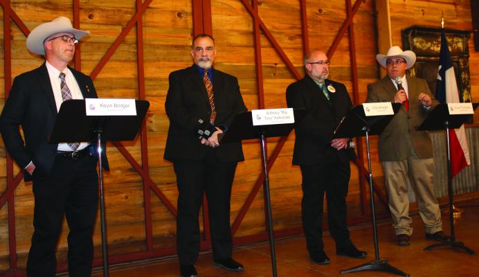 Candidates for Van Zandt County Sheriff participated in a debate Feb. 19 at The Silver Spur Resort in Canton. The candidates were left to right, Kevin Bridger, Anthony ‘Big Tony’ Katsoulas, Chip Krieger, and Chuck Thompson. Early Voting in the March 5 Primary Election closes Friday, March 1 at the VZC/Sarah Norman Library in Canton. Photo by Susan Harris